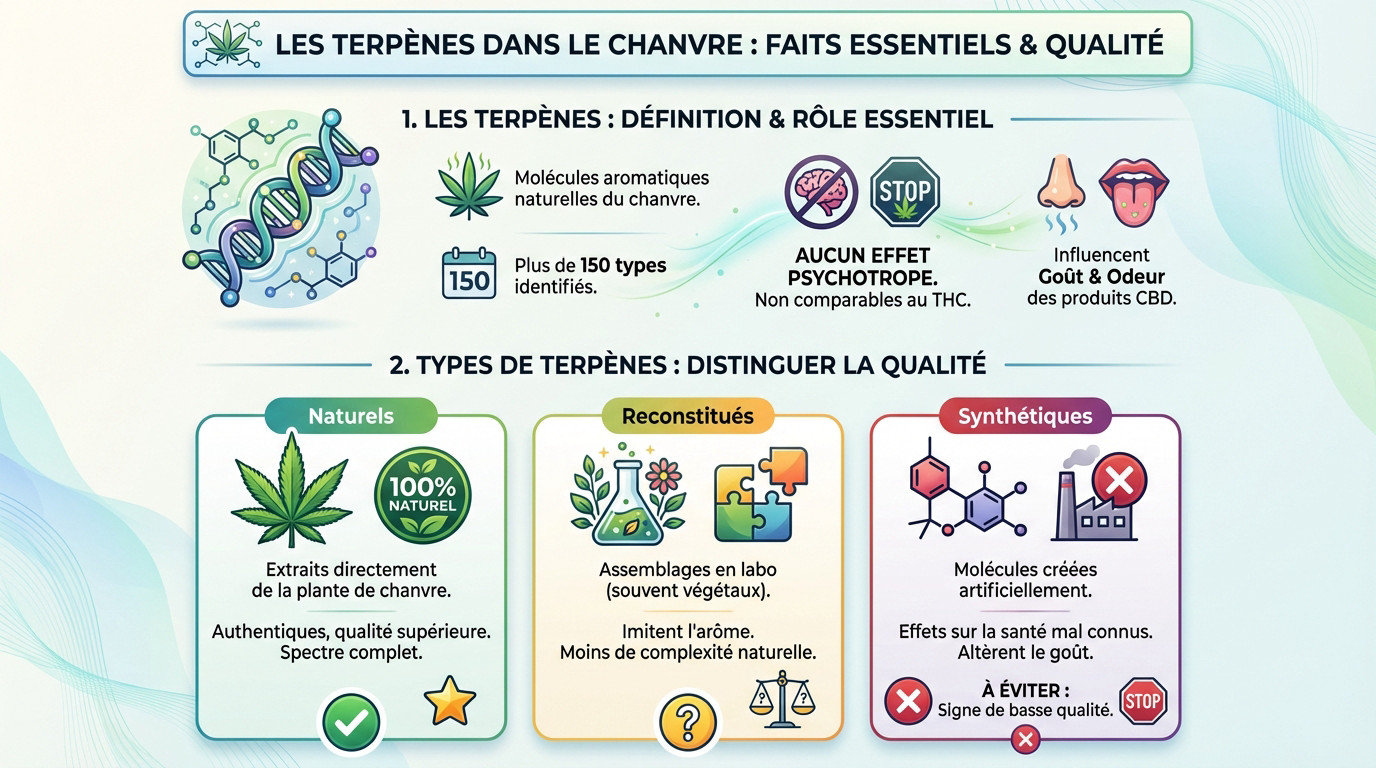 Schéma explicatif des terpènes du chanvre et distinction entre naturels et synthétiques