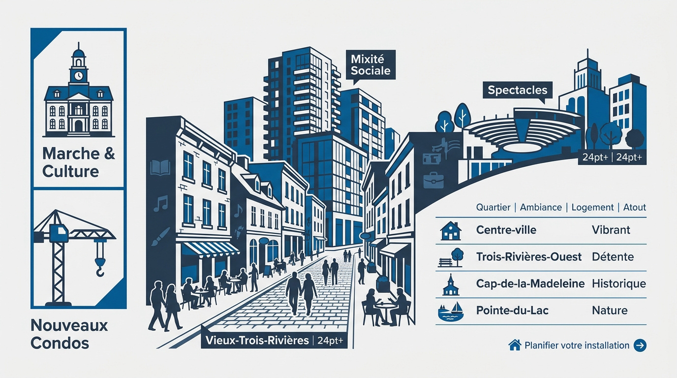 Vue aérienne des bâtiments historiques et des nouveaux développements urbains au centre-ville de Trois-Rivières