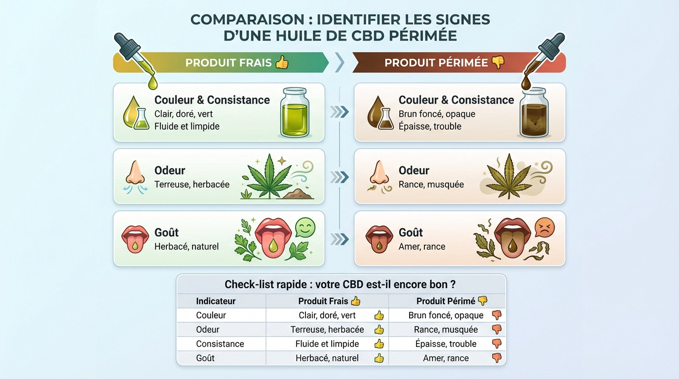 Identifier les signes visuels et olfactifs d'une huile de CBD périmée