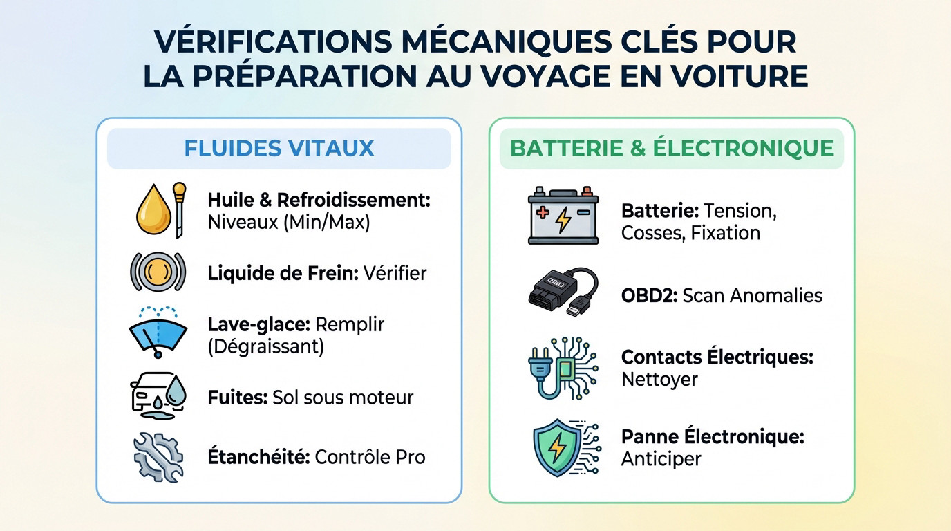 Vérifications mécaniques du moteur et des fluides avant un départ en voyage