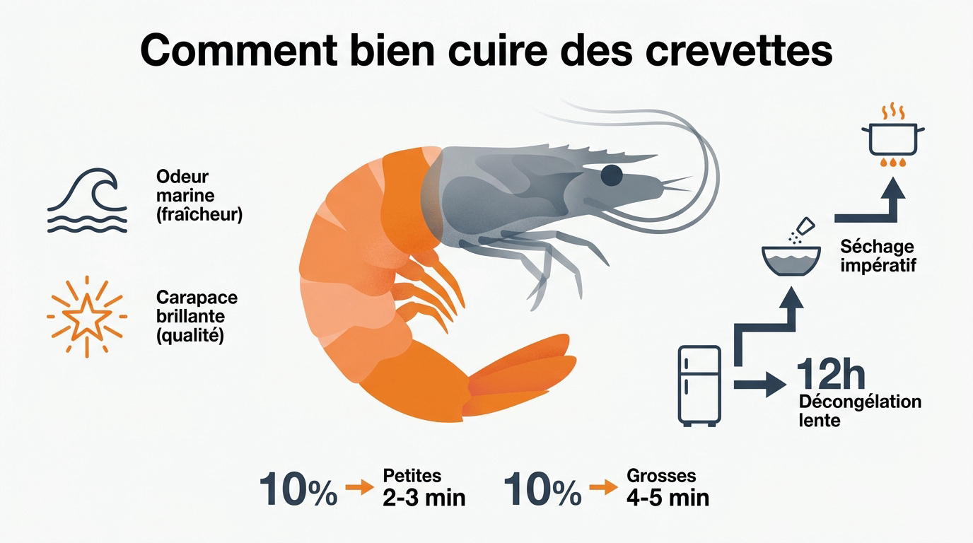 Guide visuel pour réussir la cuisson des crevettes fraîches et surgelées