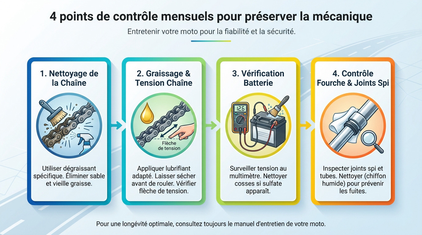 Entretien mensuel moto : vérification chaîne et batterie