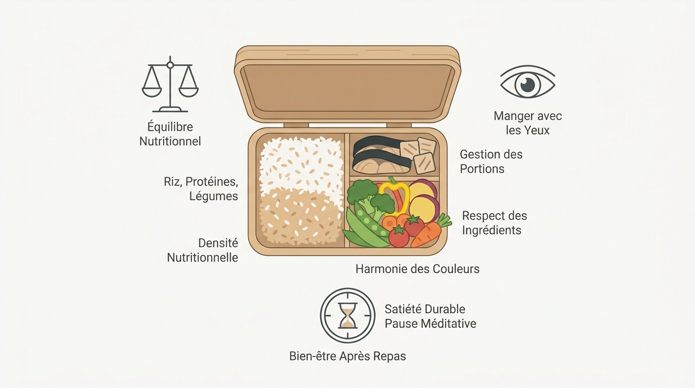 Bento japonais traditionnel avec une disposition équilibrée de légumes et protéines