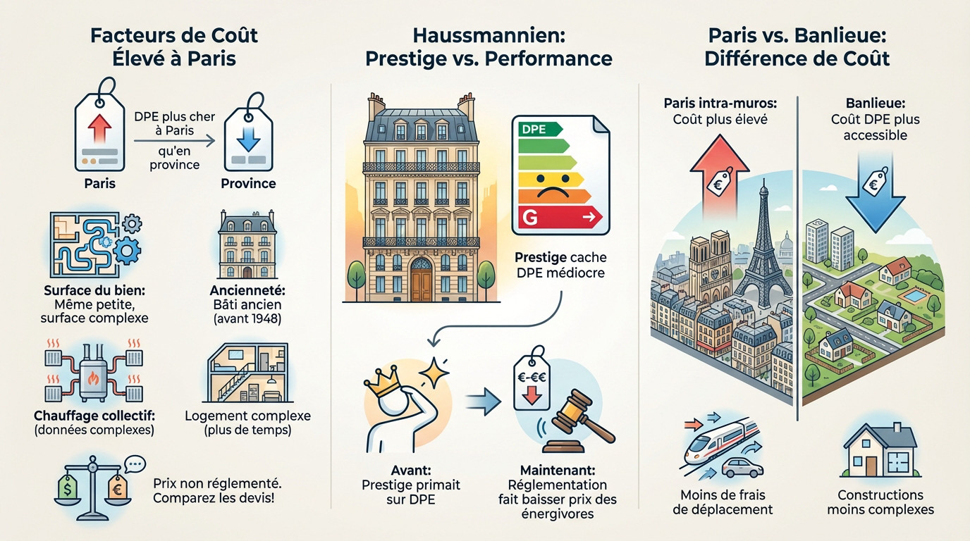Graphique montrant l'évolution des coûts du DPE à Paris et les facteurs d'influence pour 2026