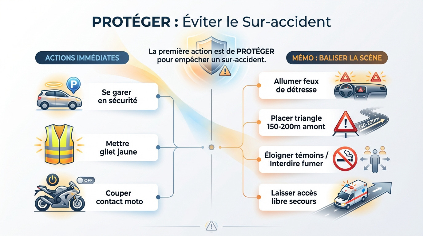 Sécurisation d'une scène de chute à moto avec balisage d'urgence