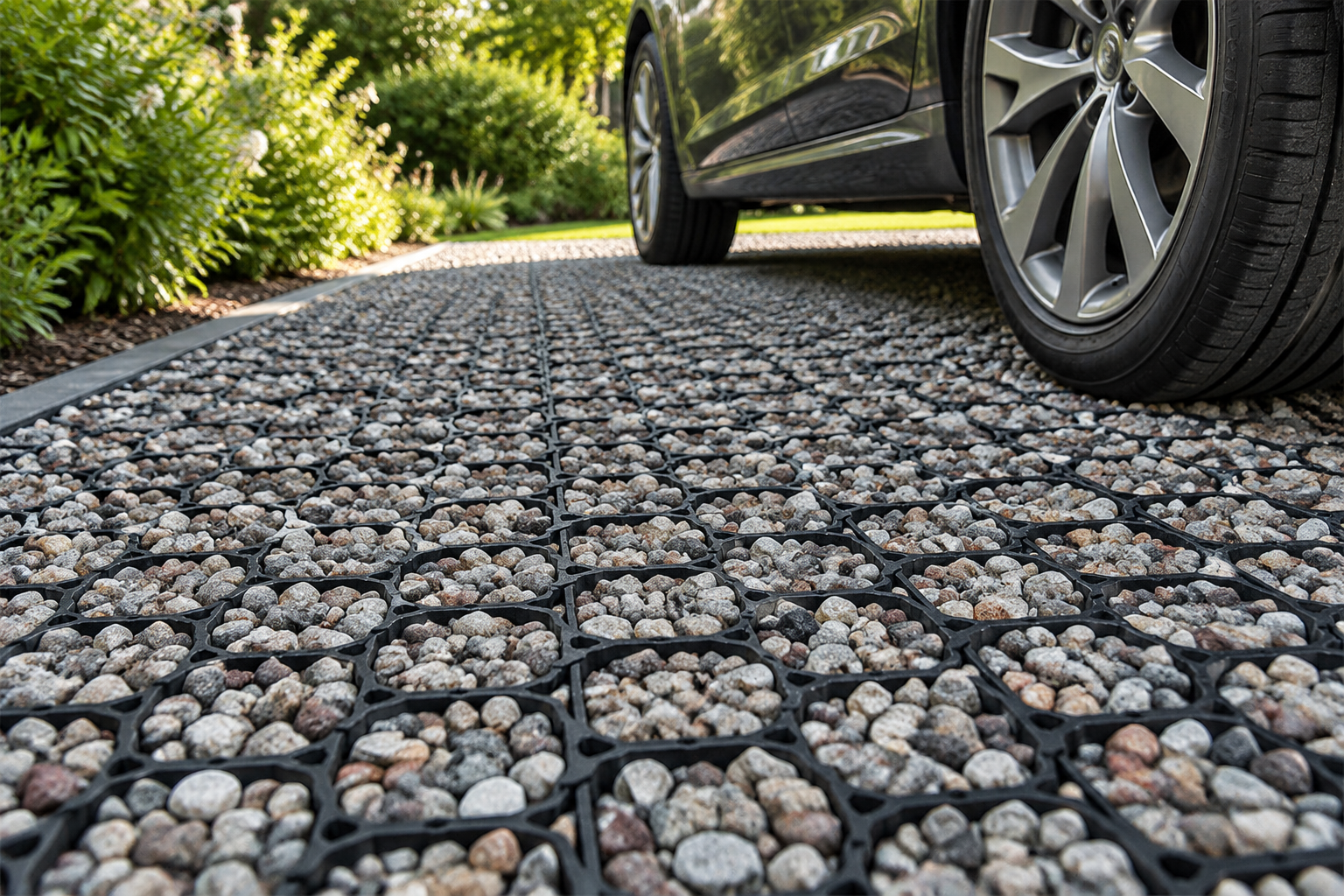 Allée en gravier posé sur des dalles alvéolées stabilisatrices