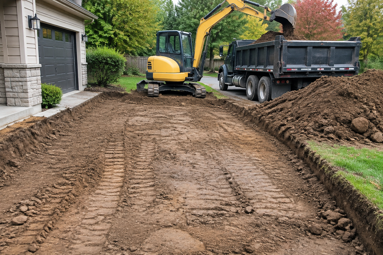Chantier de décaissement du sol pour la pose d'une allée en gravier