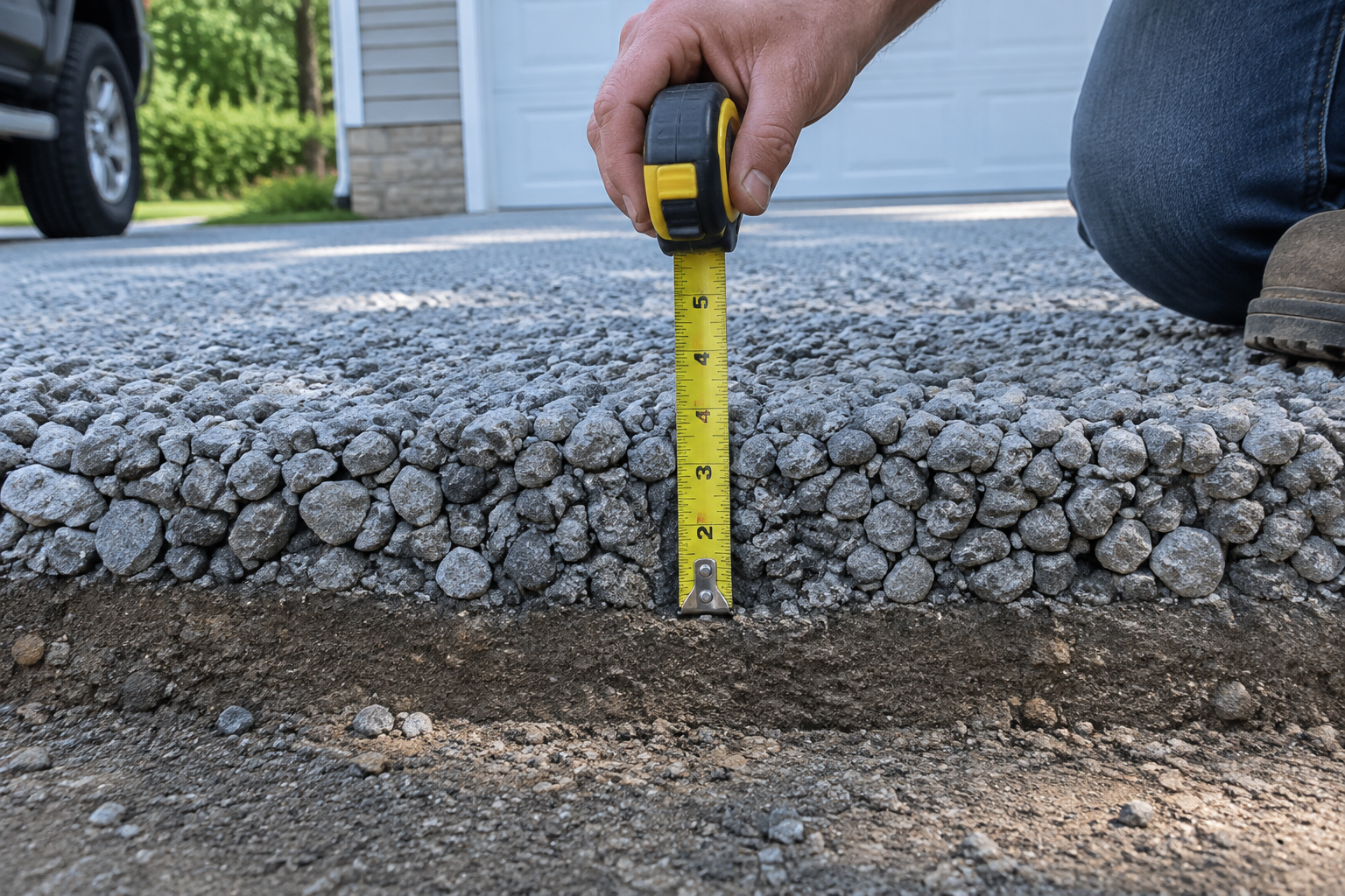 Mesure de l'épaisseur de la couche de gravier sur une allée