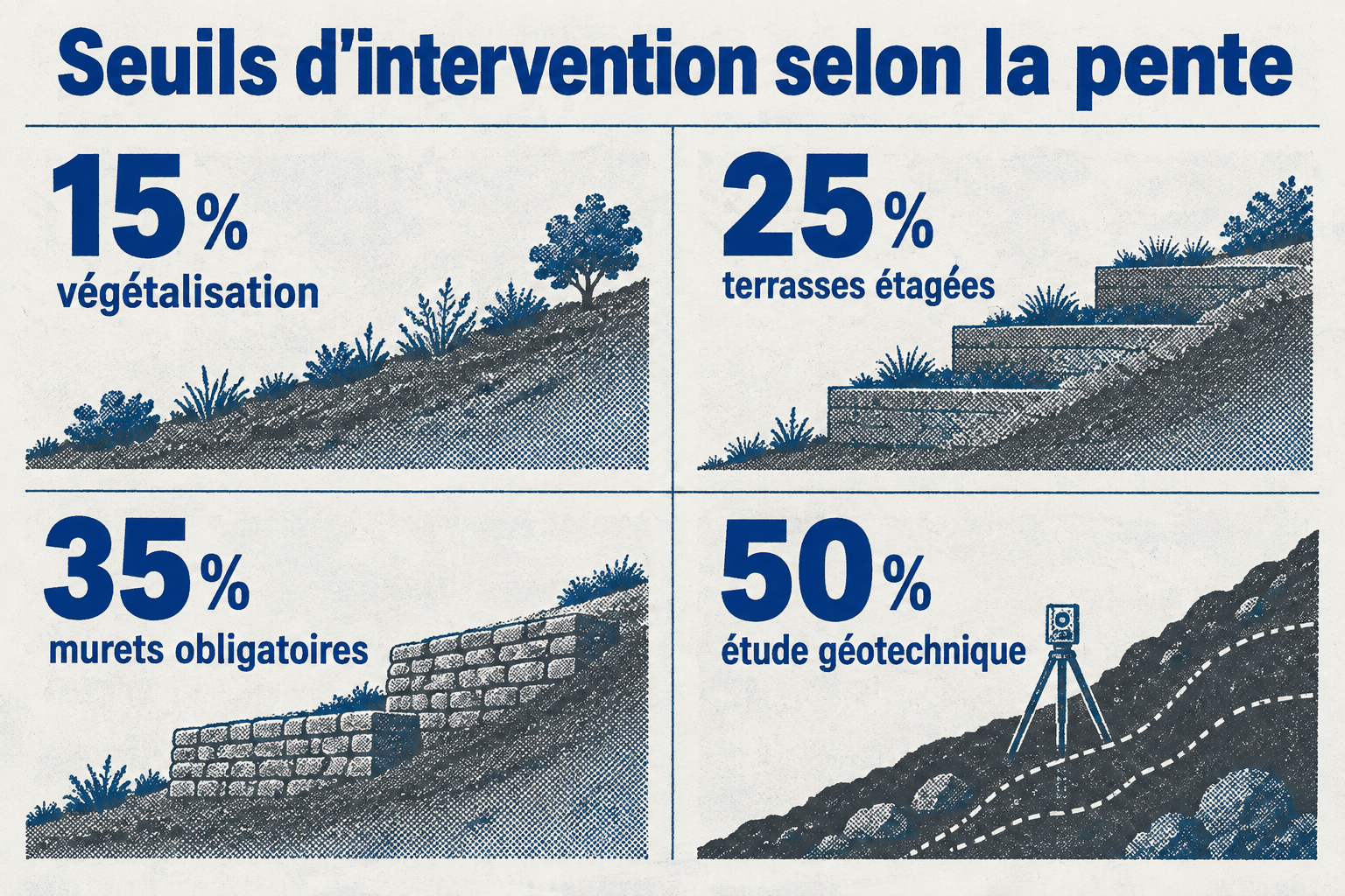Grille des seuils de pente : 15 % végétalisation, 25 % terrasses étagées, 35 % murets obligatoires, 50 % étude géotechnique.