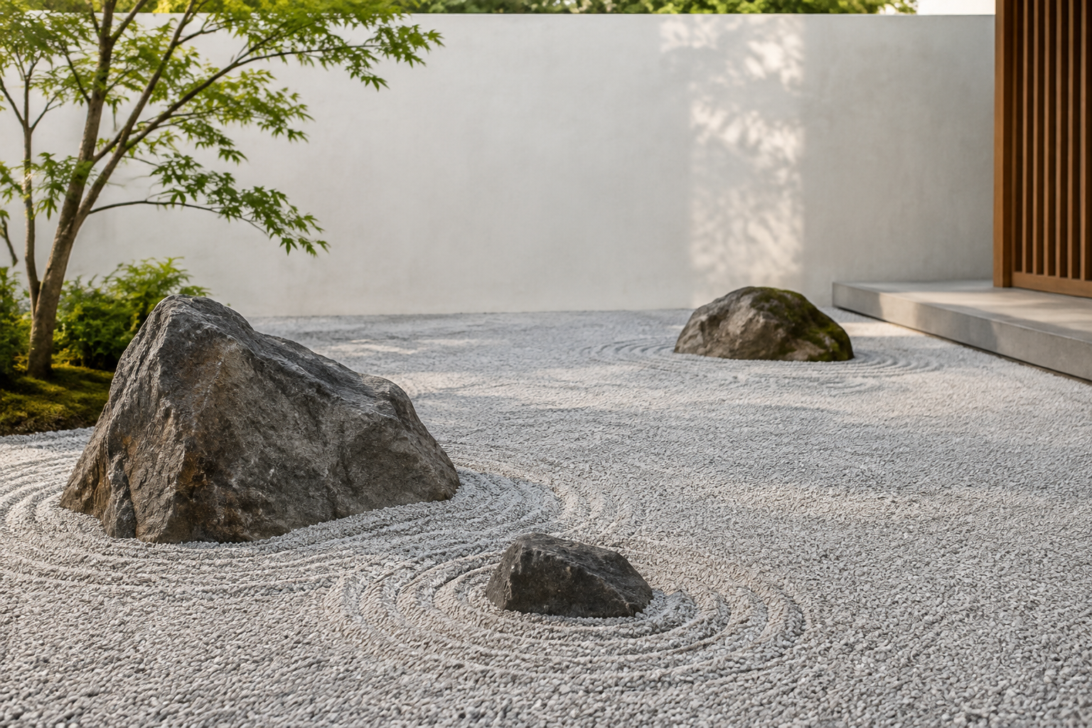 Jardin zen minimaliste avec rochers et gravier disposés de manière asymétrique.