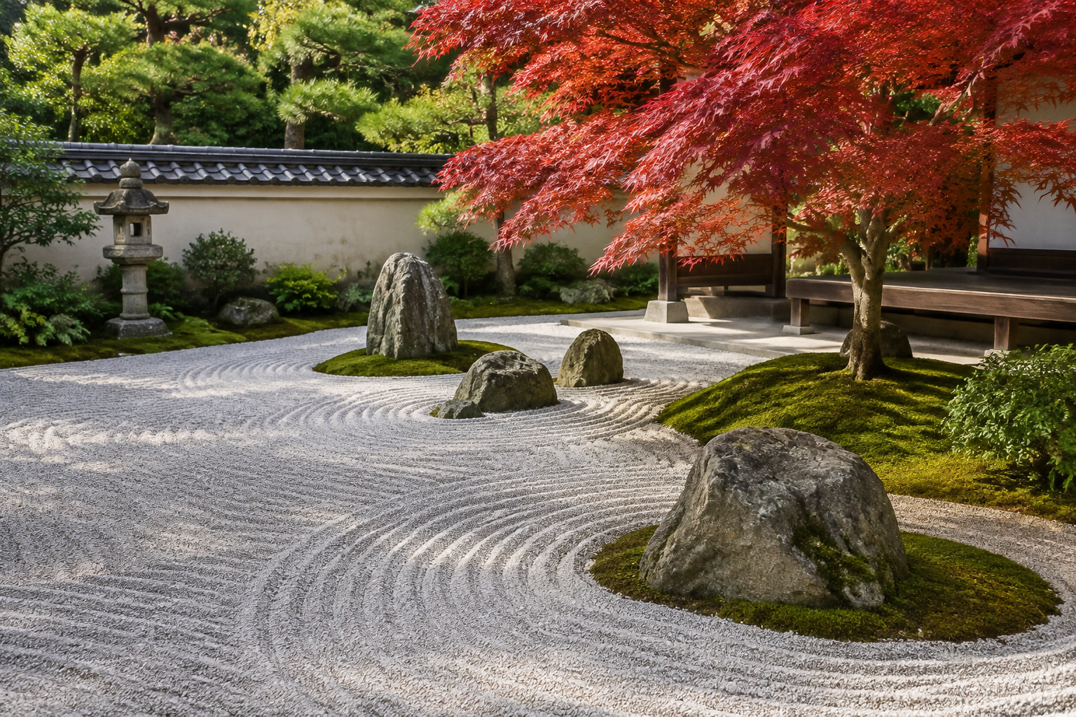 Composition zen de gravier, rochers et érable du Japon.