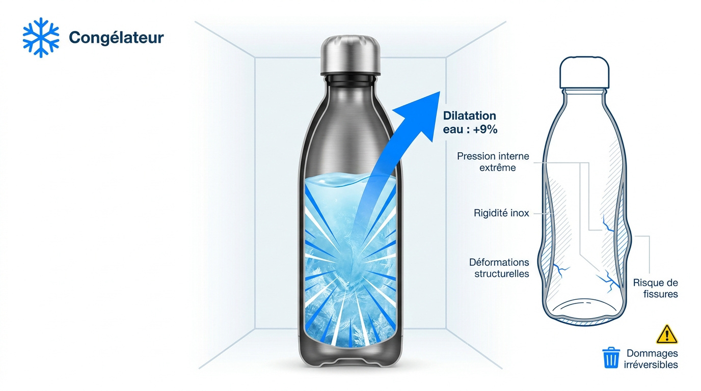 Gourde en inox déformée par la glace