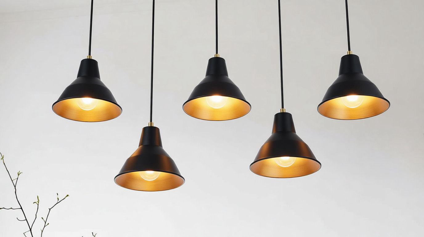 Enfilade de suspensions métalliques noires à l'intérieur doré éclairant un plan de travail en bois