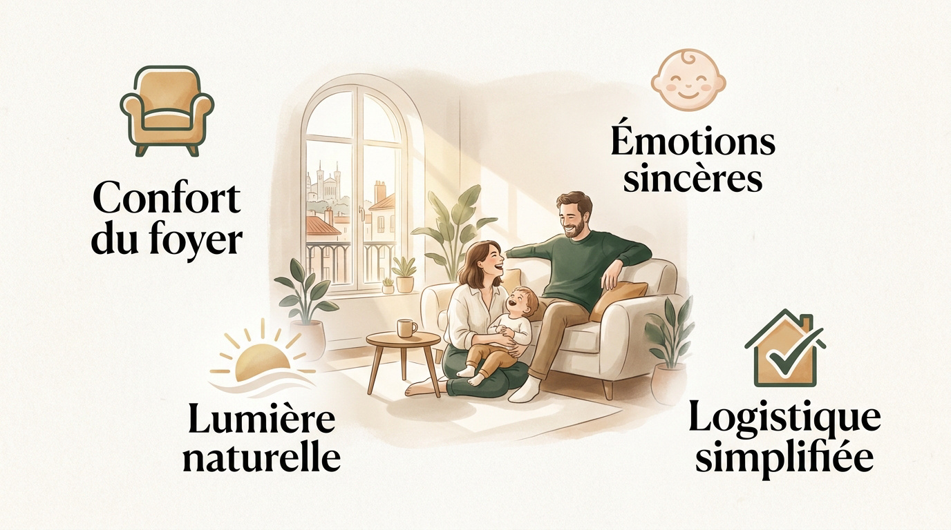 Séance photo de famille chaleureuse à domicile à Lyon utilisant la lumière naturelle
