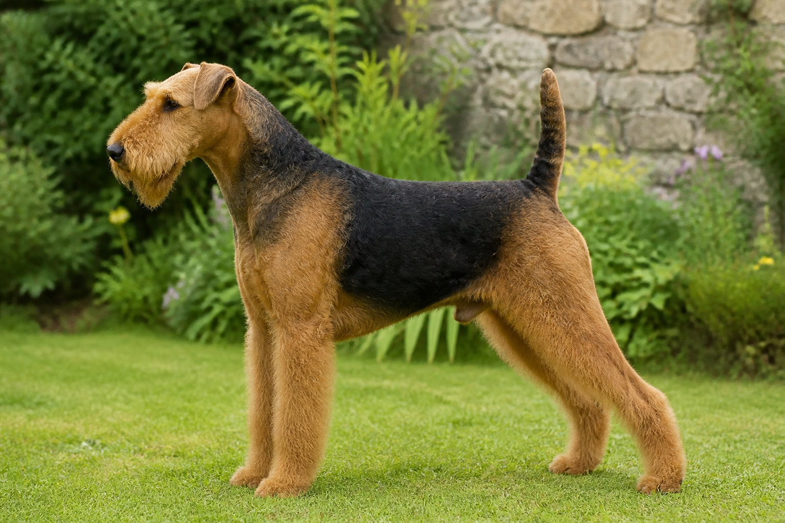 Airedale Terrier de profil, silhouette athlétique et robe noir et feu