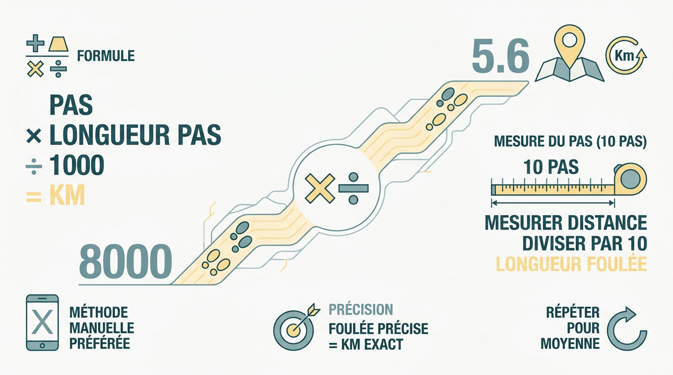 Illustration d'une personne mesurant sa foulée pour convertir ses pas en kilomètres