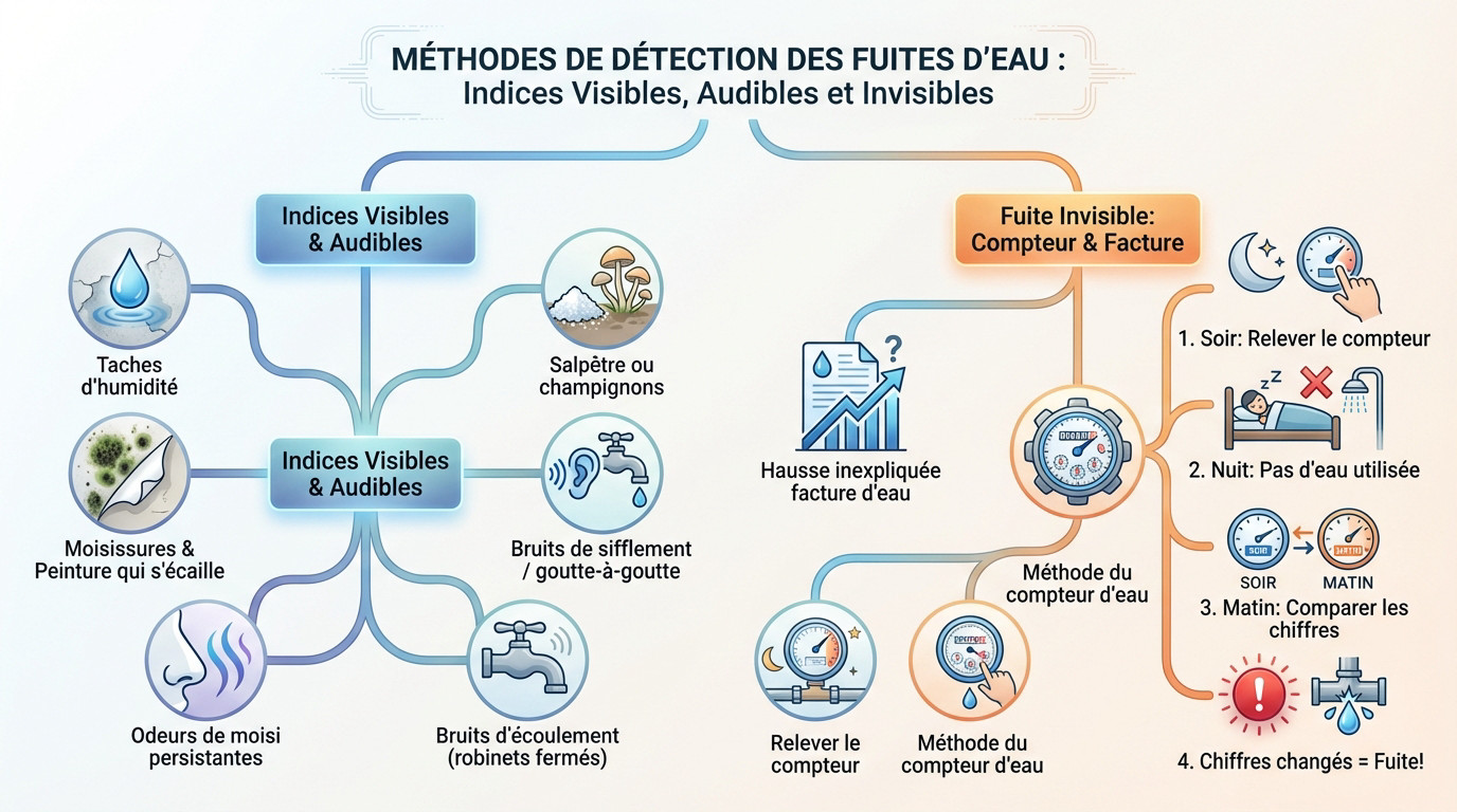 Schéma illustrant les indices visibles et audibles pour repérer une fuite d'eau