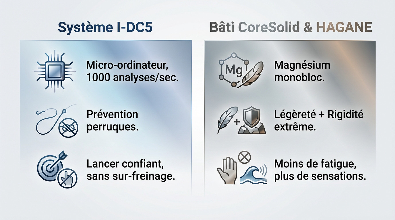 Schéma technique du système de freinage I-DC5 et du bâti Hagane du Shimano Metanium DC A