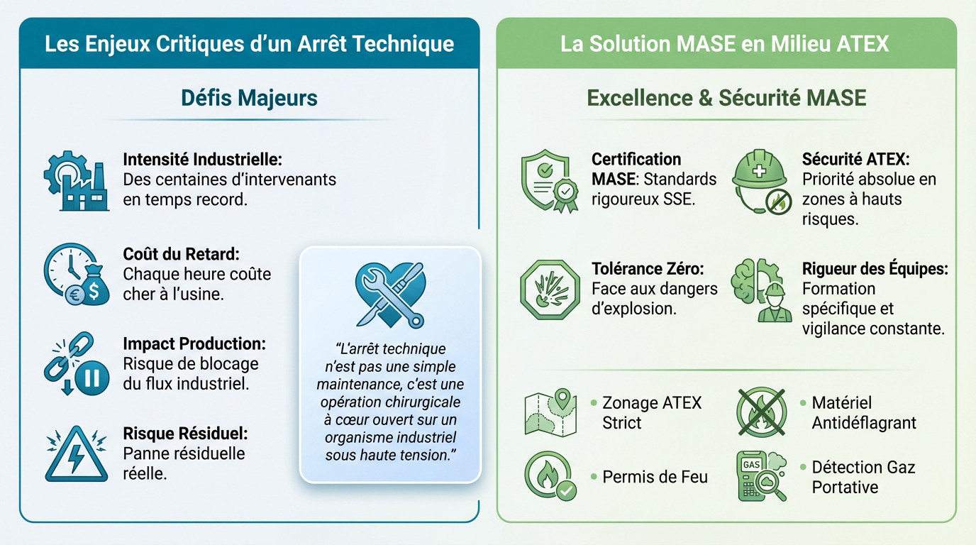 Infographie présentant les défis majeurs et les solutions MASE pour les arrêts techniques industriels