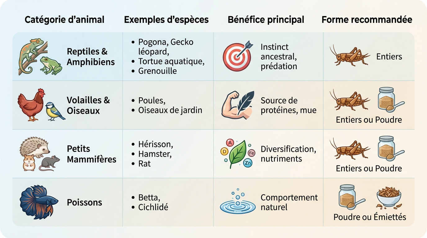 Guide visuel des animaux consommant des grillons séchés : reptiles, oiseaux et petits mammifères