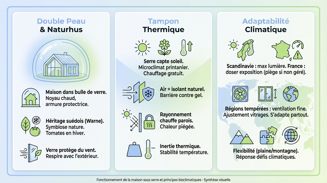 Schéma d'une maison sous serre avec son enveloppe de verre protectrice