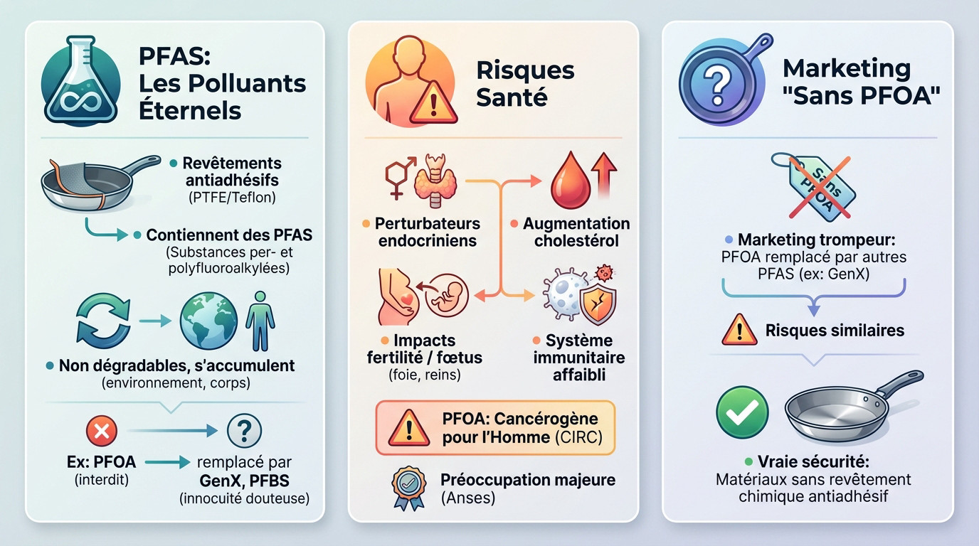 Schéma explicatif des risques liés aux PFAS et aux revêtements toxiques dans les poêles antiadhésives