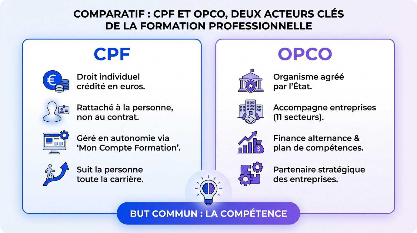 Comparatif visuel entre le financement CPF individuel et le financement OPCO pour les entreprises