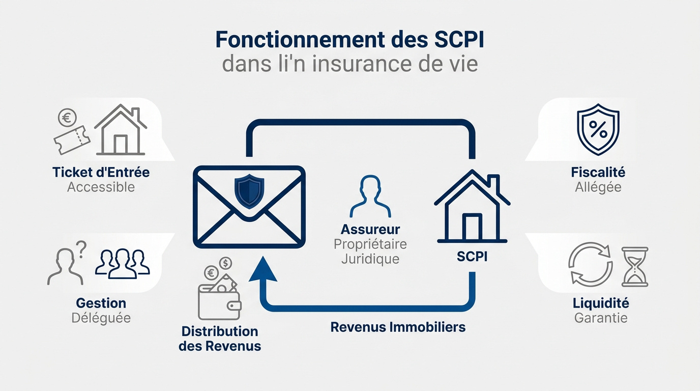 Schéma explicatif du fonctionnement des parts de SCPI au sein d'un contrat d'assurance vie