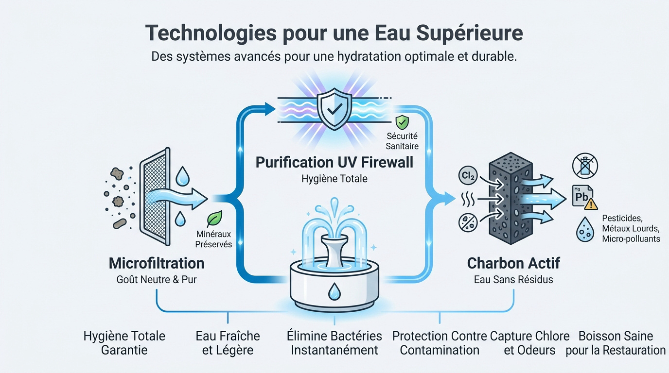 Système de filtration haute performance pour fontaine à eau d'hôtel