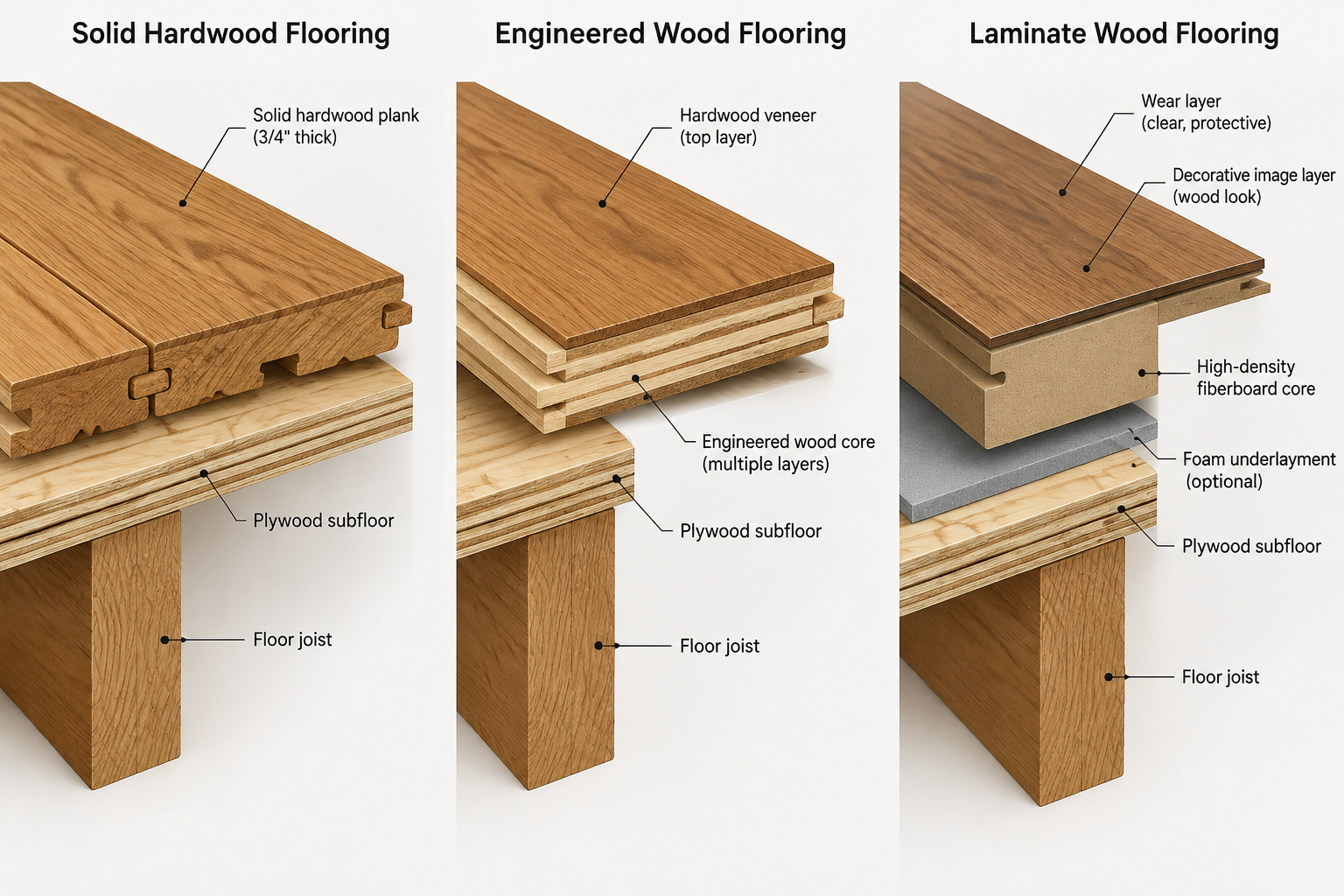 Tranches comparées de parquet contrecollé, massif et stratifié