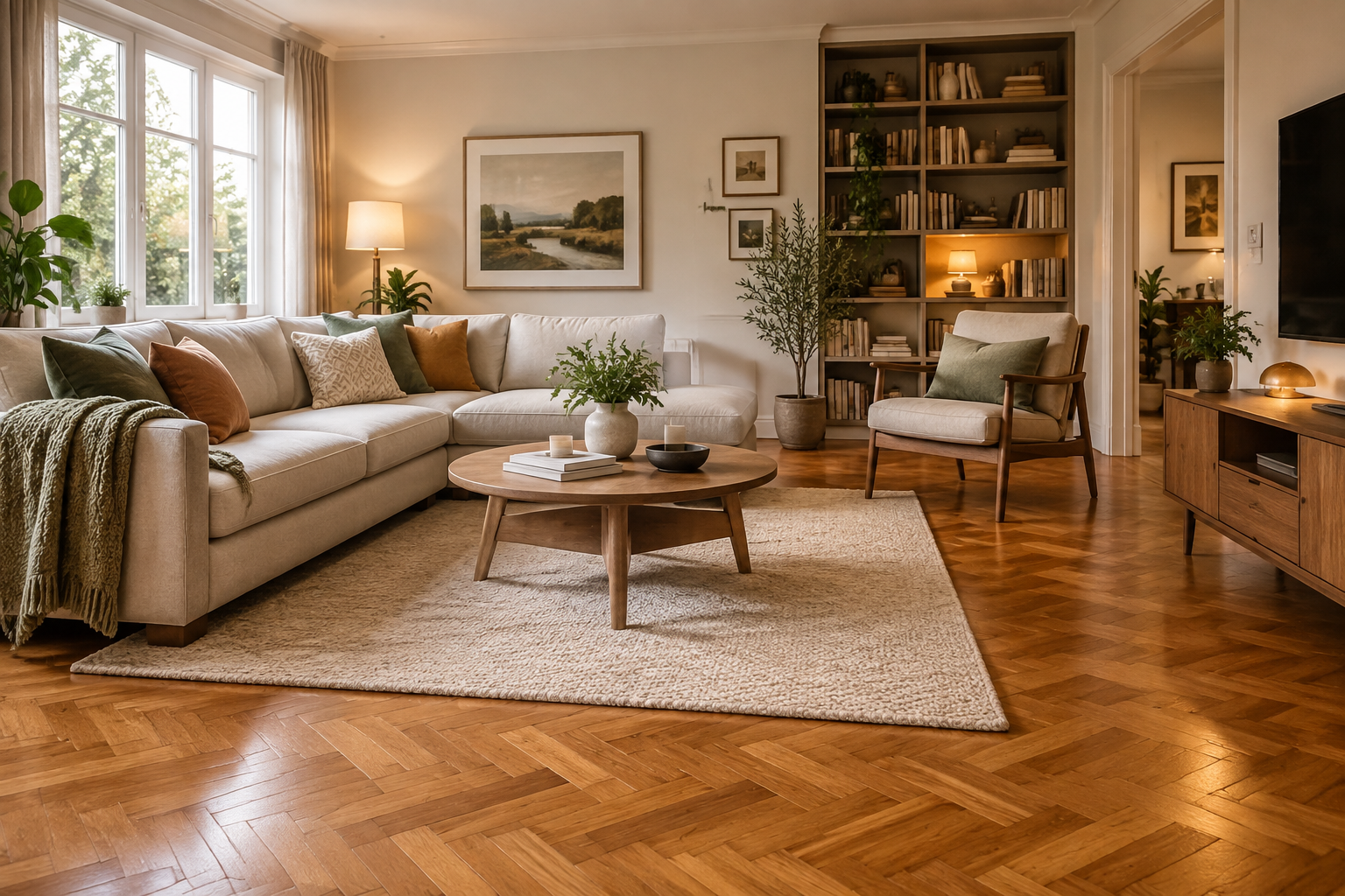 Salon avec un parquet contrecollé posé