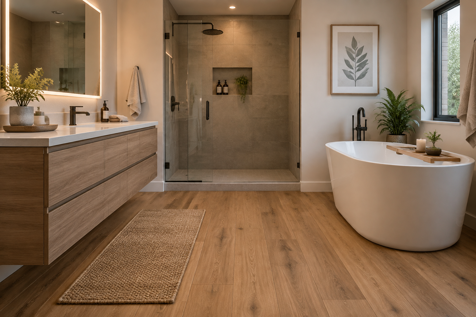 Salle de bain avec un parquet contrecollé hydrofuge