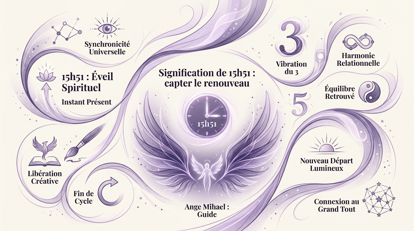 Illustration de l'heure miroir 15h51 évoquant le renouveau spirituel et la guidance de l'ange Mihael