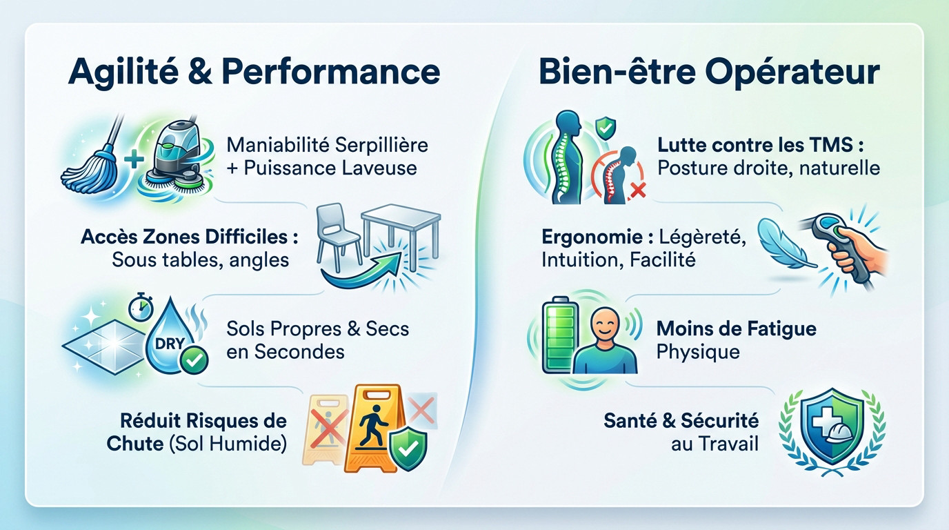 Infographie illustrant l'agilité, la performance et l'ergonomie de l'autolaveuse i-mop pour le bien-être au travail