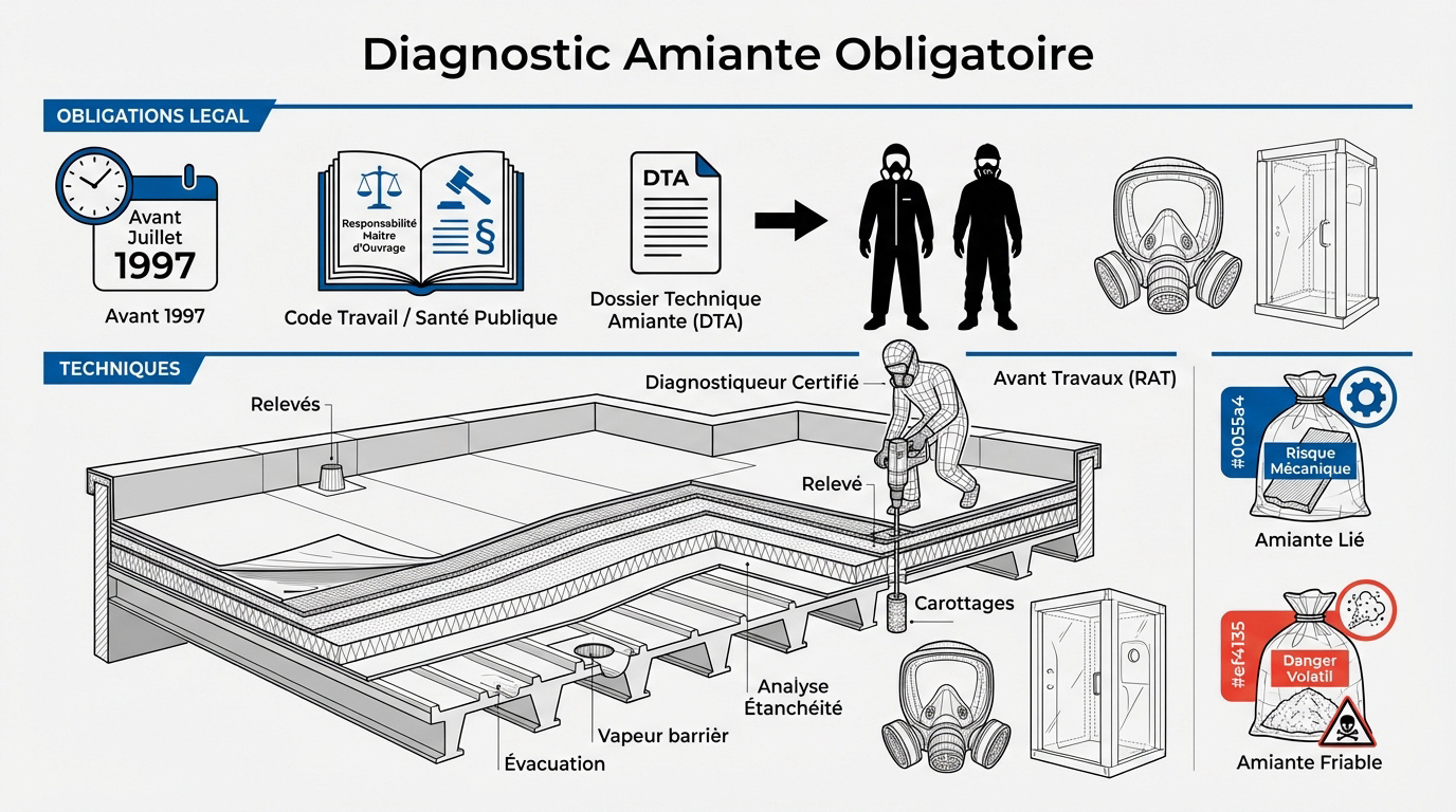 Technicien réalisant un diagnostic amiante obligatoire sur une toiture terrasse avant travaux de désamiantage