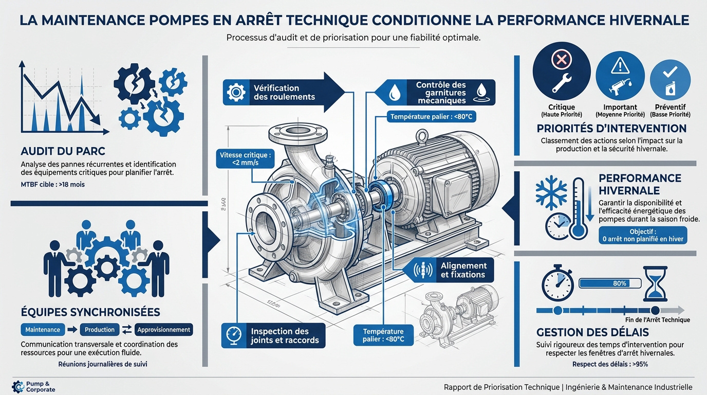 Technicien inspectant une pompe industrielle lors d'un arrêt technique hivernal