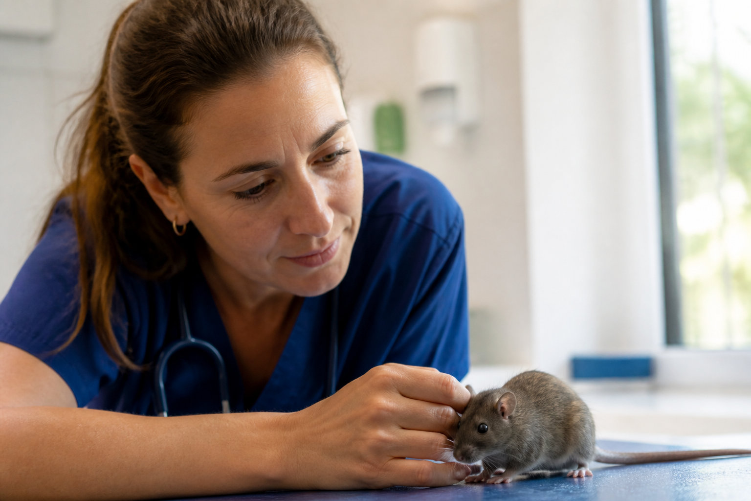 Vétérinaire examinant un rat domestique