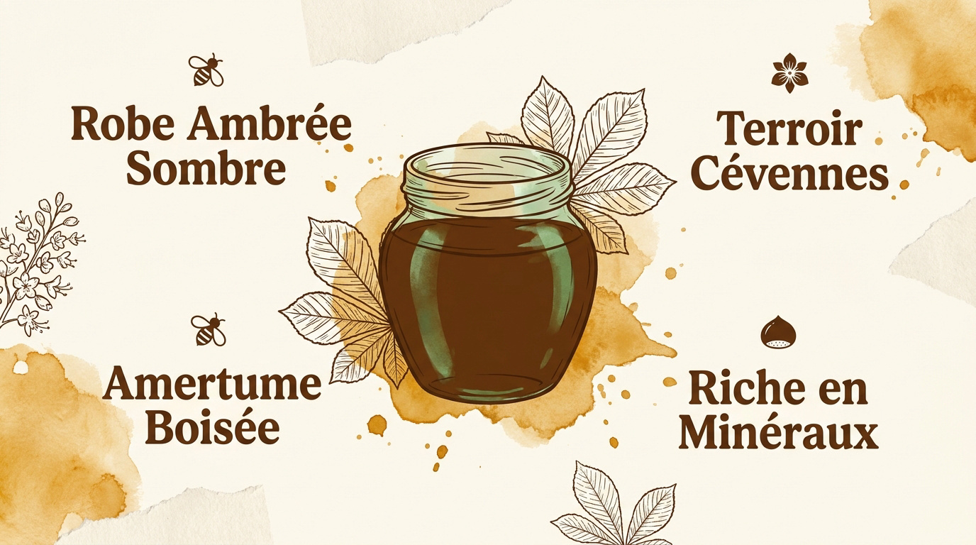 Miel de châtaignier à la robe ambrée sombre et texture liquide