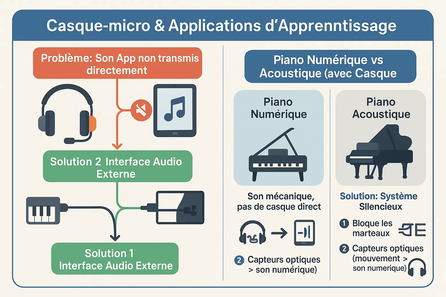 Infographie sur les casques, pianos et applications d'apprentissage