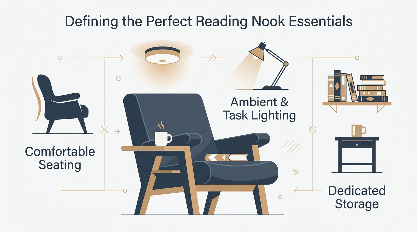 Cozy reading nook with an ergonomic armchair, warm lamp lighting, and a wooden bookshelf.