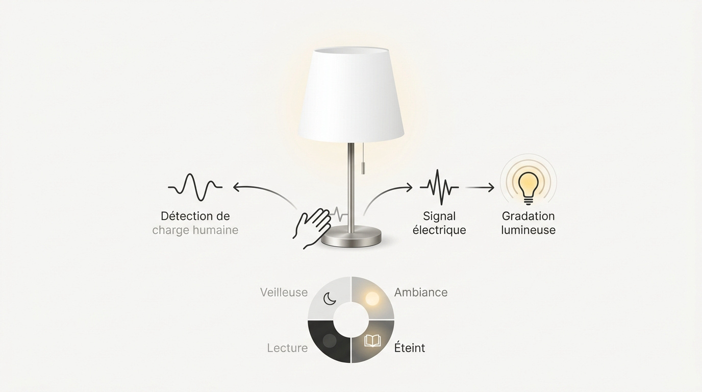 Schéma technique expliquant le fonctionnement du capteur capacitif d'une lampe tactile