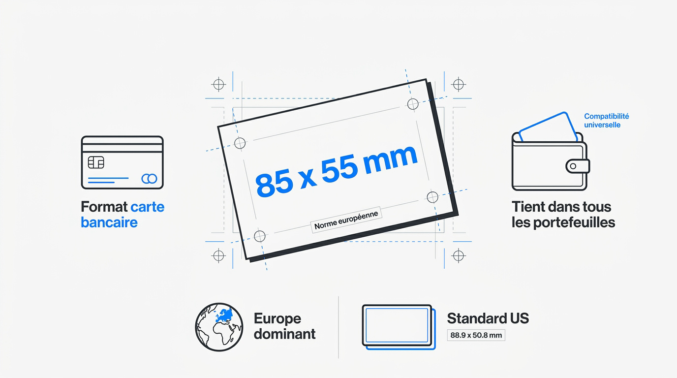 Comparaison visuelle entre le format de carte de visite européen 85x55mm et le format américain 88.9x50.8mm