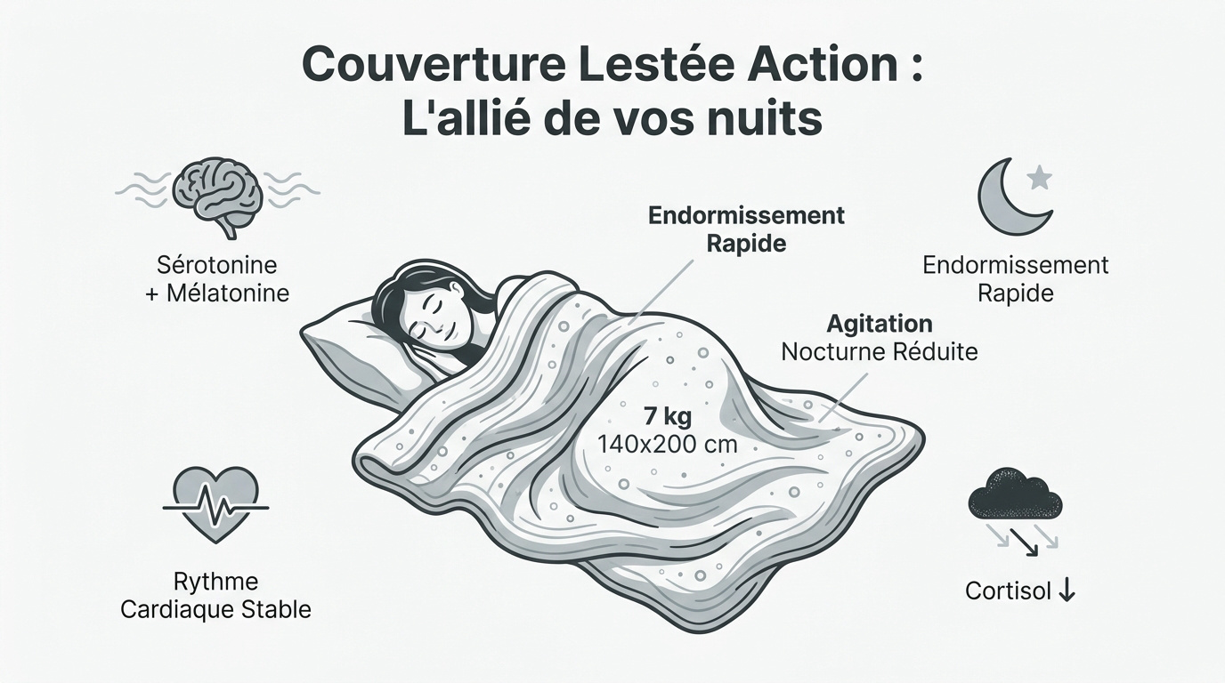 Couverture lestée Action grise posée sur un lit pour améliorer le sommeil