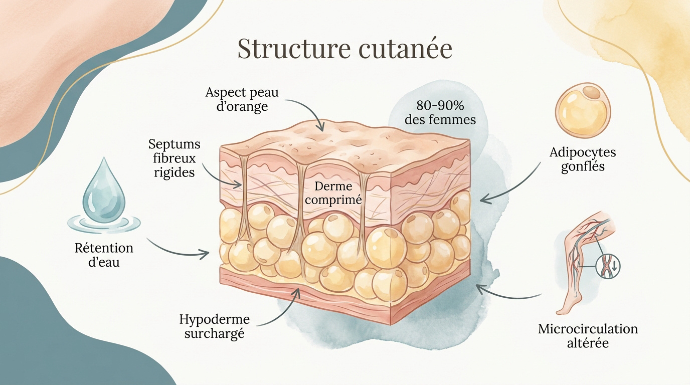 Schéma de la structure de la peau montrant l'hypoderme et les cellules graisseuses responsables de la cellulite