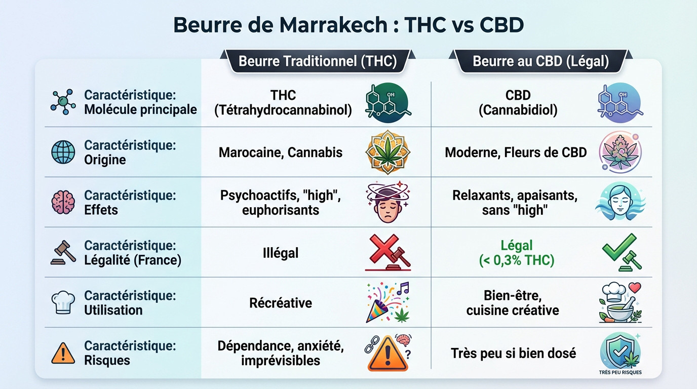 Comparatif entre le beurre de Marrakech traditionnel au THC et le beurre au CBD légal
