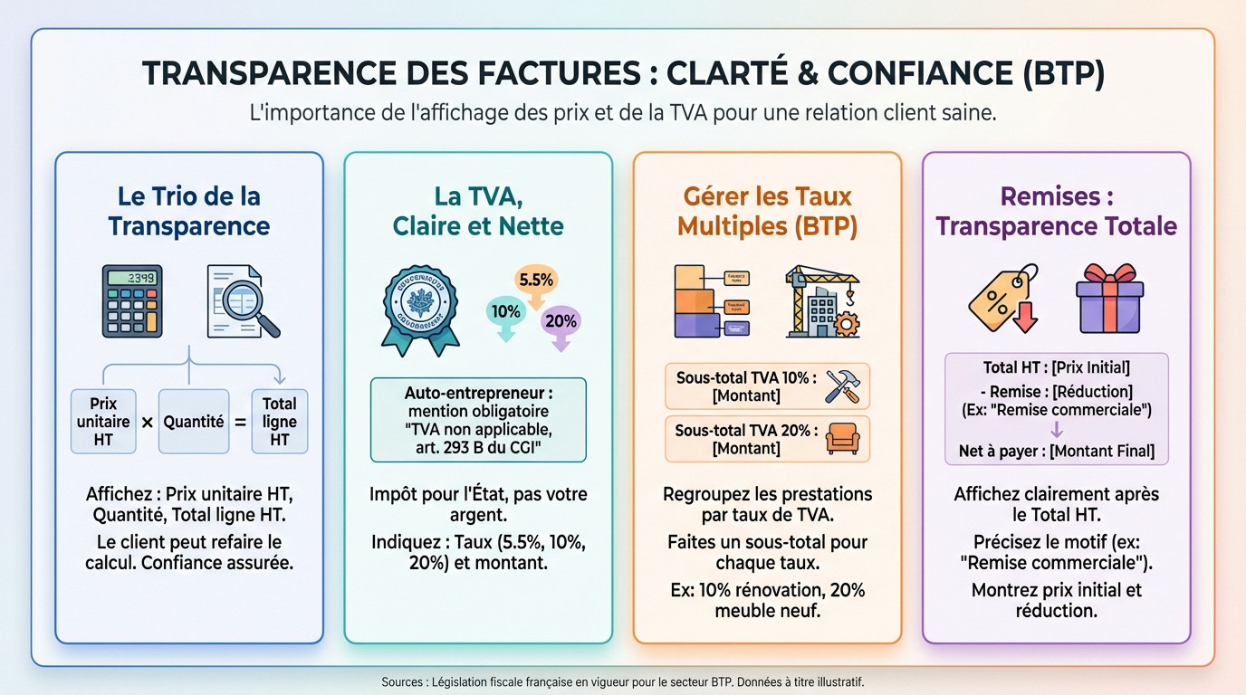 Exemple de facture BTP claire montrant les prix unitaires et la TVA détaillée pour inspirer confiance