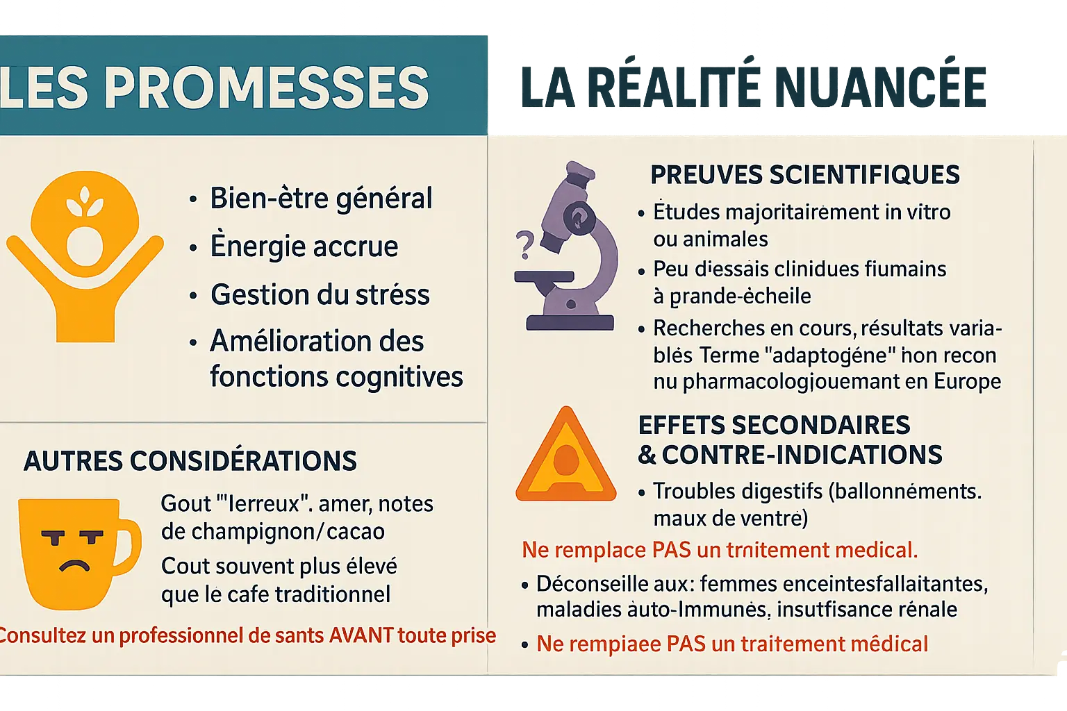 Illustration d'une tasse de café adaptogène avec des ingrédients comme l'ashwagandha et le reishi