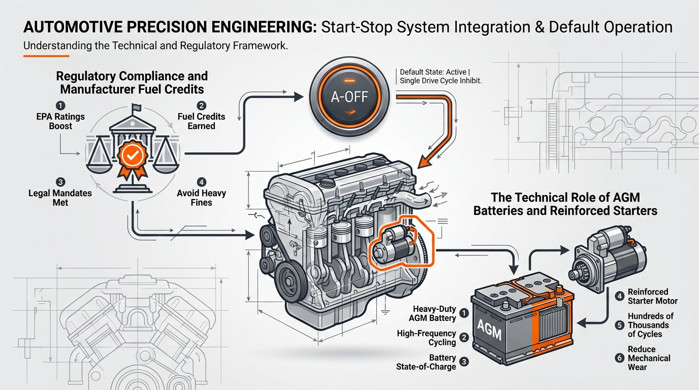 Car dashboard showing the auto start-stop override button and engine management interface
