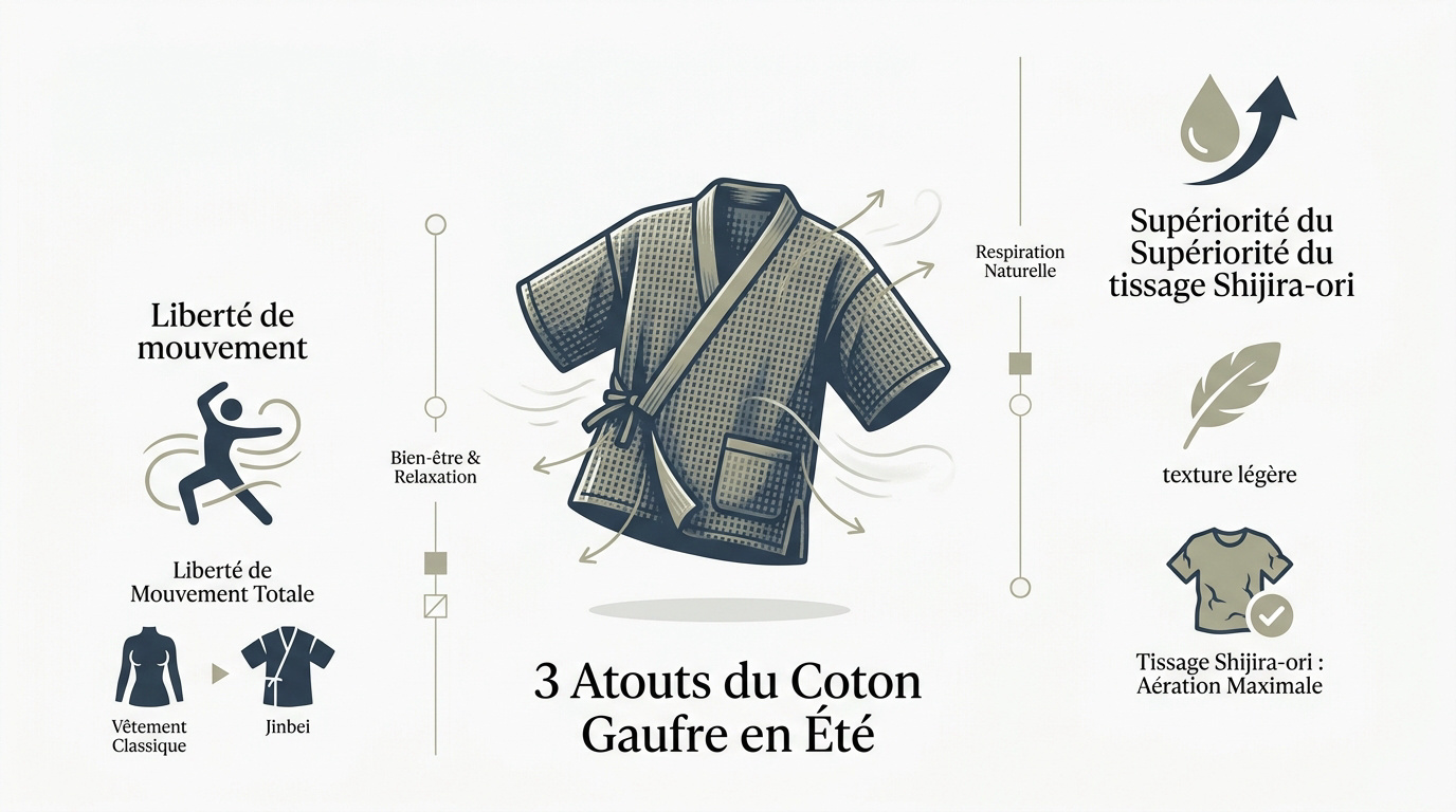 Détail du tissu gaufré Shijira-ori d'un jinbei pour homme