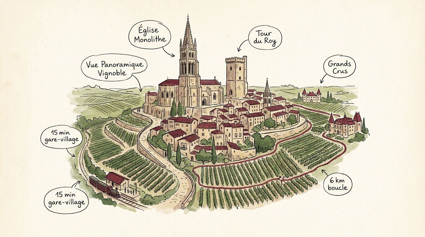 Carte illustrée du village médiéval de Saint-Émilion et de ses vignobles